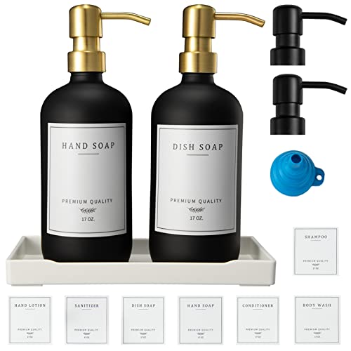 Glass Soap Dispenser for Kitchen, Farmhouse Dish Soap Dispenser&Hand Soap Dispenser Set,Rustproof Pump Lotion Dispenser Bathroom with Tray,Waterproof Label for Kitchen Decor(Black - color: Black Bottle + Gold Pump + Black Pump