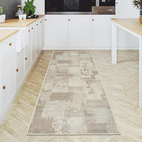 GLN Rugs Bohemian - Troy - Machine Washable Runner Rug, Boho Washable, Non Slip, Low Pile Chenille Area Rug, Hallway, Bedroom, Kitchen Rug - Easy Clean (2'6" x 10' Abstract Tan) - color: Abstract Tan, size: 2'6" x 10' (Runner)