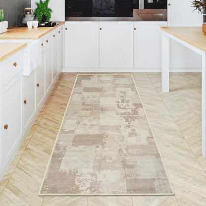 GLN Rugs Bohemian - Troy - Machine Washable Runner Rug, Boho Washable, Non Slip, Low Pile Chenille Area Rug, Hallway, Bedroom, Kitchen Rug - Easy Clean (2'6" x 10' Abstract Tan) - color: Abstract Tan, size: 2'6" x 10' (Runner)