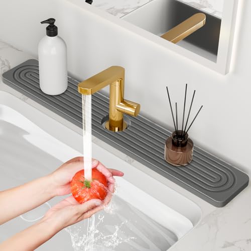 24'' Longer Stone Faucet Mat for Kitchen Sink [Super Absorbent, 30s Quick Drying] Water Absorbing Stone Tray for Sink Stone Mat for Kitchen Sink Stone Quick Dry Around Faucet Diatomite Stone Sink Tray - color: Dark Gray, size: 23.7" x 4"