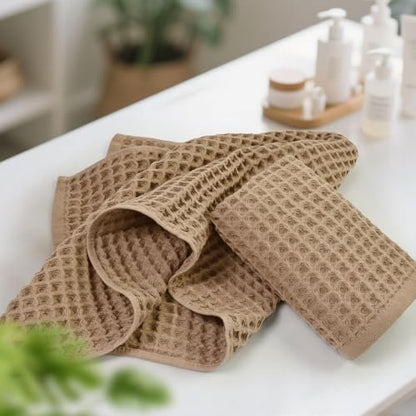 Jacquotha Waffle Bathroom Hand Towels 5-Piece (Tan) | Cotton, Soft, Lightweight, Lint Free, 13” x 29” - color: Tan