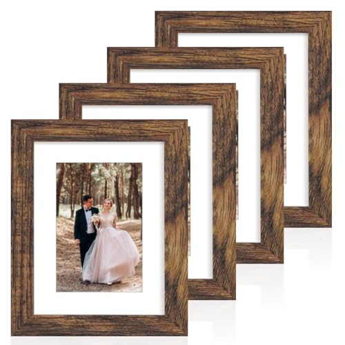iRahmen 6x8 Picture Frame with Mat 4x6 - High Definition Real Glass Wooden Photo Frames for Tabletop Display and Wall Mounting (Brown, Set of 4) - color: Brown, size: 6X8