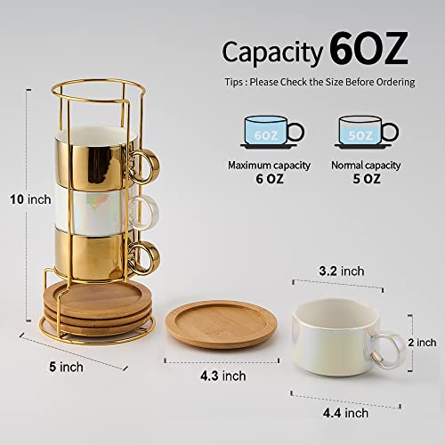 LUKA Porcelain Espresso Cup with Saucers and Metal Stand - 6 Ounce Stackable Ceramic Demitasse Espresso Mugs Cappuccino Cups Set for Latte, Coffee, Cafe Mocha, Tea - Set of 4,Shimmer Golden - color: Shimmer Golden & White