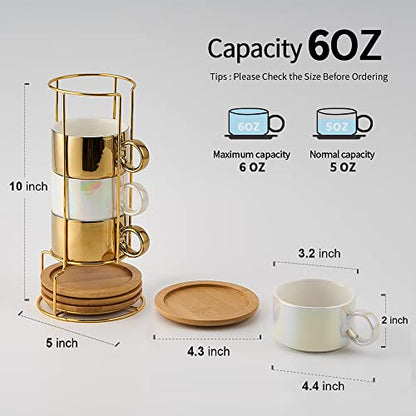 LUKA Porcelain Espresso Cup with Saucers and Metal Stand - 6 Ounce Stackable Ceramic Demitasse Espresso Mugs Cappuccino Cups Set for Latte, Coffee, Cafe Mocha, Tea - Set of 4,Shimmer Golden - color: Shimmer Golden & White