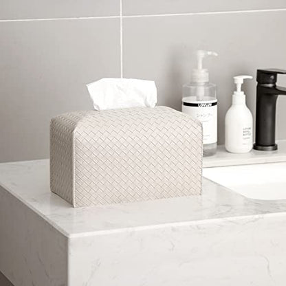 Tissue Box Cover PU Leather Tissue Holder Square Facial Tissue Case Facial Paper Organizer Dispenser for Bathroom, Vanity Countertop, Tabletop, Car, Rectangle, Griege | PU Leather，Easy to Fill, Easy Clean, Decorative Cube Tissue Box Holder for Office, Bat