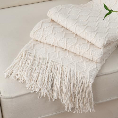 BATTILO HOME Ivory White Throw Blankets for Couch, Off White Lightweight Decorative Blankets and Throws, Boho Warm Knit Blanket for Men and Women, 50"x60" - color: Ivory