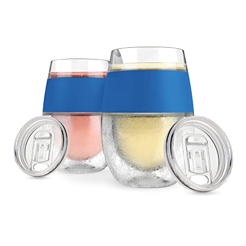 Host Cooling Wine Freeze Cup with Lid, Set of 2 Plastic Double Wall Insulated Tumbler Drink Cup with Freezing Gel for Red and White Wine, Blue - color: Blue With Lids