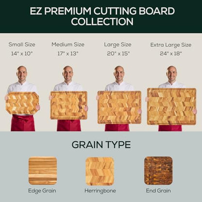 EZ FURNITURE Extra Large (XL) Teak Edge Grain Cutting Board, Reversible, Knife-Friendly Charcuterie Butcher Block, Juice Groove & Handles, Non-Toxic, Gift Box Included (Herringbone, 24" x 18" x 1.5") - color: XL - Herringbone 1.5", size: 24"L x 18"W