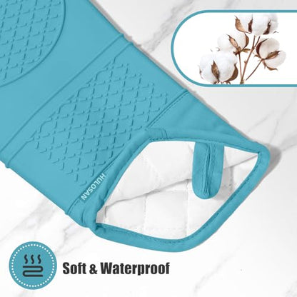 Oven Mitt and Pot Holders Sets, Quilted Cotton Terry Cloth,Non-Slip Pot Holder, Silicone Oven Mitt Heat Resistant, Oven Mittens 7.3"x14.2", Hot Pad 7"x10" & Dish Cloths 13"x25" - color: Lake Blue