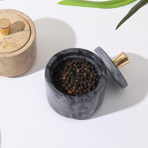 Marble Salt Cellar with Lid and Brass Knob 3.15" Spice box Salt Container Seasoning Jar for Kitchen tone Salt Holder for Counte-Ideal for Sea Salt, Spices and Herbs (White) (Black) - color: Black
