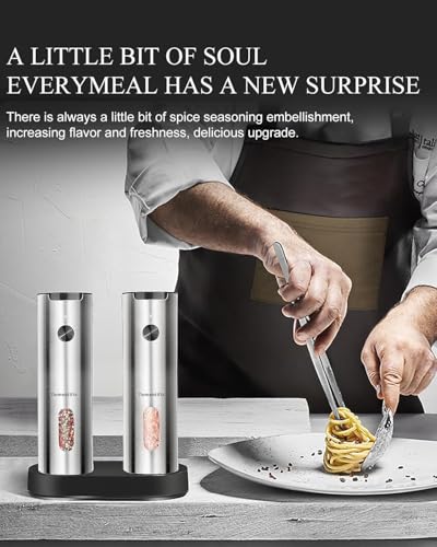 Electric Salt and Pepper Grinder Set with Rechargeable Base - Upgraded Large Capacity, Refillable Pepper Mill Set with LED Light & Adjustable Coarseness, Ideal for Kitchen, Outdoor (Light Silver) - color: Lighr Silver