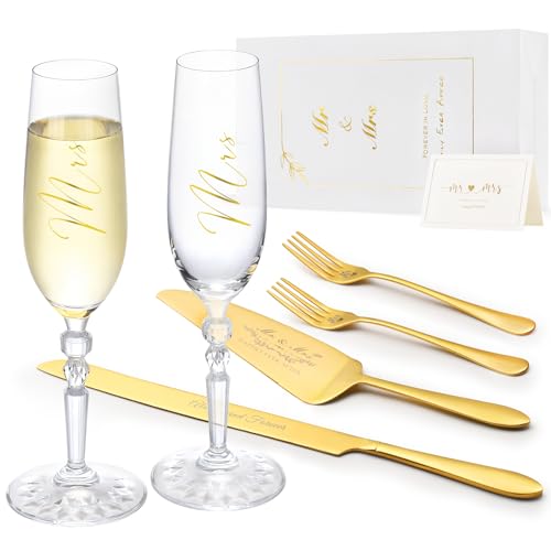 Wedding Cake Cutting Set with Forks, Crystal Champagne Flutes | Classical Style Toasting Glasses for Bride and Groom, Wedding Gifts for Couples, Engagement and Bridal Shower Gifts - color: Gold