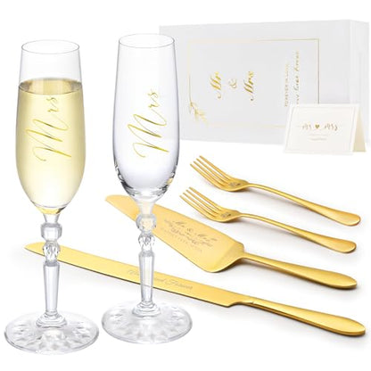Wedding Cake Cutting Set with Forks, Crystal Champagne Flutes | Classical Style Toasting Glasses for Bride and Groom, Wedding Gifts for Couples, Engagement and Bridal Shower Gifts - color: Gold