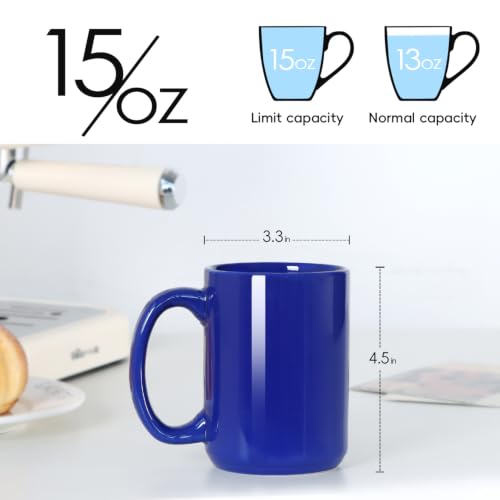 15 OZ Coffee Mugs, Classic Blank Ceramic Cup with Large Handle for Tea Latte Cappuccino, Set of 4, Blue - color: Blue