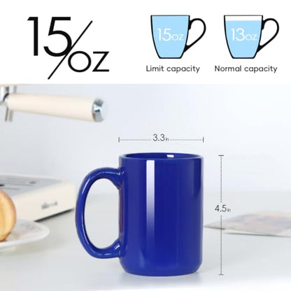 15 OZ Coffee Mugs, Classic Blank Ceramic Cup with Large Handle for Tea Latte Cappuccino, Set of 4, Blue - color: Blue