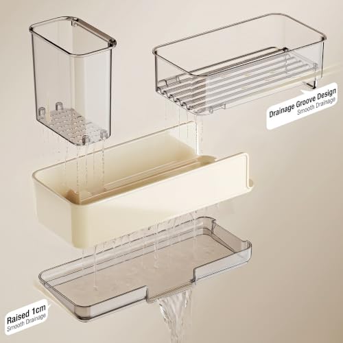 Expandable Kitchen Sink Caddy 25-38cm, 360° Rotating Sponge Holder & Brush | White, large, stretchable 25-38cm. Side brush holder, triple drainage, rust-proof.Ideal for sponge & kitchen sink accessories - color: White