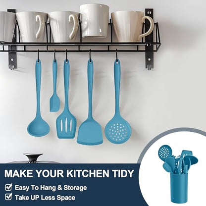 E-far Silicone Cooking Utensils Set, 25 Piece Kitchen Utensils with Holder, Non Toxic Kitchen Tools Spatula, Turner, Spoon, Ladle for Nonstick Cookware, Heat Resistant & Dishwasher Safe - Blue - color: Blue