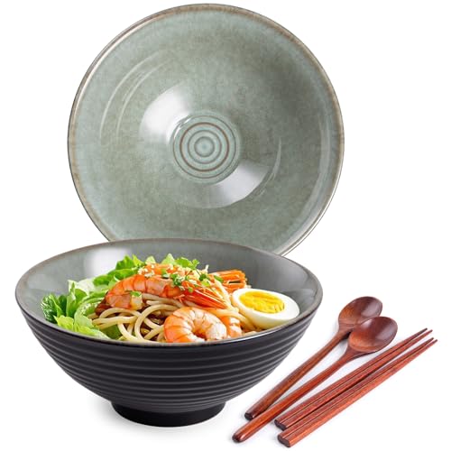 Ceramic Japanese Ramen Bowl Set, 2 Sets Asian Pho Udon Soup Noodle Bowls with Spoons and Chopsticks (Grayish Green, 8 inches) - color: Grayish Green