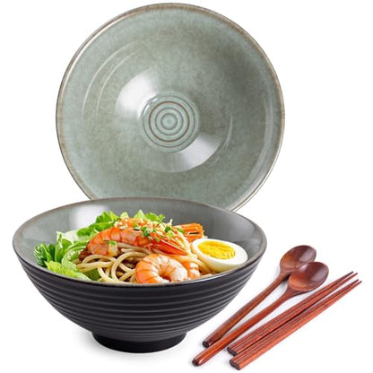 Ceramic Japanese Ramen Bowl Set, 2 Sets Asian Pho Udon Soup Noodle Bowls with Spoons and Chopsticks (Grayish Green, 8 inches) - color: Grayish Green