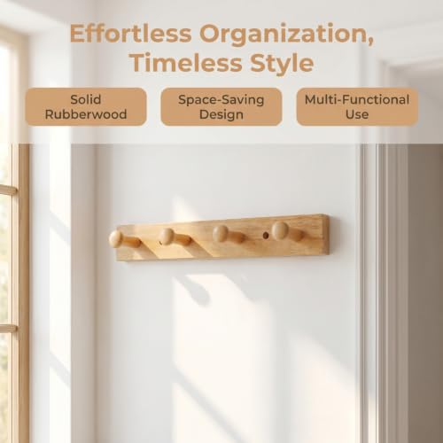 TOYANDONA Wooden Wall Mounted Coat Rack Hook with 4 Rubberwood Pegs, Natural and Hat Hanger for Bedroom and Entryway Storage