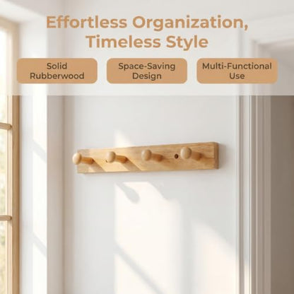 TOYANDONA Wooden Wall Mounted Coat Rack Hook with 4 Rubberwood Pegs, Natural and Hat Hanger for Bedroom and Entryway Storage