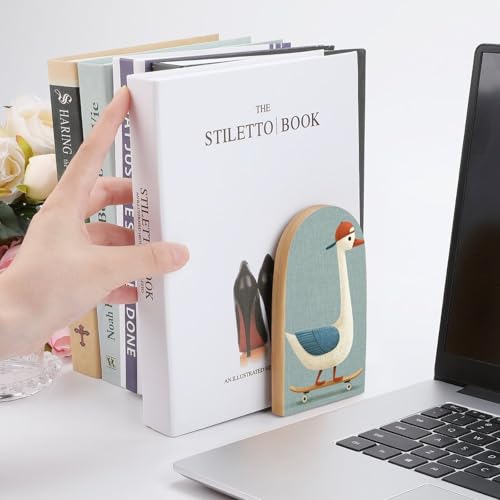Wooden Bookends Shelves 2 PCS Cute Goose on A Skateboard Sturdy Book Holders Desktop Organizer for Home Office Libraries