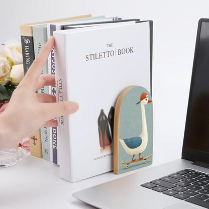 Wooden Bookends Shelves 2 PCS Cute Goose on A Skateboard Sturdy Book Holders Desktop Organizer for Home Office Libraries