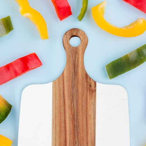 Cutting Board for Kitchen – 13.8" x 7.3" Wooden Serving Board with Handle for Steak Bread Cheese & Fruits – Marble and Acacia Butcher Block Chopping Board, Easy to Clean - color: White