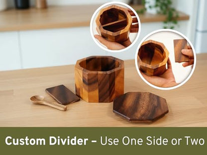 ARANYA Wooden Pepper and Salt Cellar with Lid and Spoon Set Keeper Two Compartments Spice Seasoning Wood 7oz. Container for Countertop Kitchen Storage Sea Salt Box Holder with Anti-Slip Feet Slip