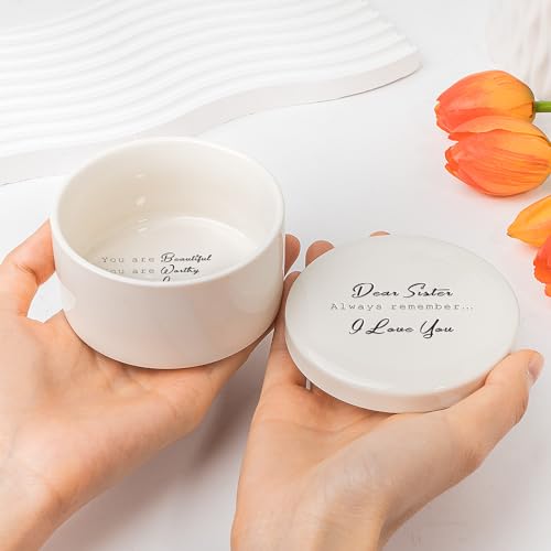 Gifts for Sister from Sister, Ceramic Trinket Box, Personalized Round Jewelry Box for Ring and Bracelet, Friends Birthday Sisters, Gift for Sisters Christmas Women, Birthday Keepsake Gift from Sisters - color: DEAR SISTER
