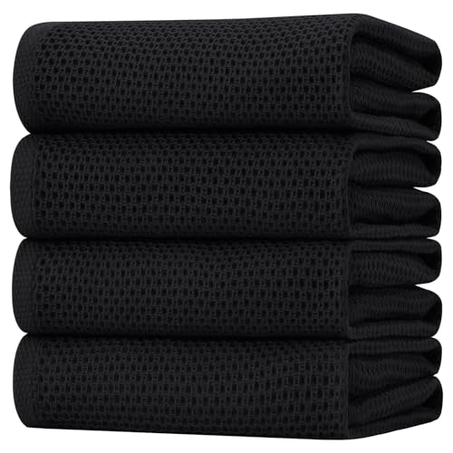 Homaxy 100% Cotton Oversized Waffle Weave Kitchen Towels 4-Pack, Black | 20 x 28 Inches, Ultra Soft Absorbent Dish Towels, Quick Drying Large Cleaning Towels - color: Black, size: 20 X 28 - 4 Pack
