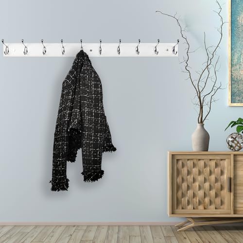 37 Inch Long Wooden Wall Mounted Coat Rack with 10 Silver Chrome Hooks for Entryway and Bedroom to Hang Coats, Hats - Heavy Duty Hooks School Bag - size: Long-37.4in(95cm),10 Silver Hooks, style: Modern