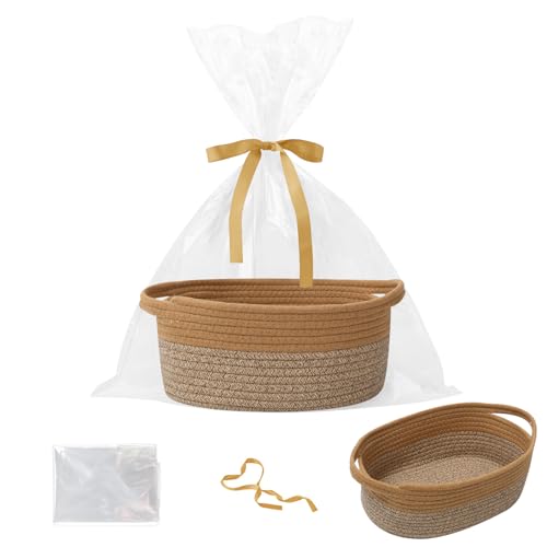 Woven Rope Basket - Baby Gift Basket with Bag & Ribbon, Jute&Brown | Cotton rope with handle, 12 x 8 x 5 in, gift bag and ribbon, for baby shower, birthday, toy storage, nursery, shelf decor - color: Jute & Mixed Brown