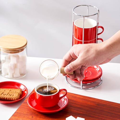 2.5oz Espresso Cups Set of 4, Small Stackable Coffee Cups with Saucers and Metal Stand, Ceramic Demitasse Cups, Cappuccino Cups for Coffee Drinks, Latte, Red - color: Red, size: 2.5oz