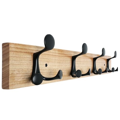 SKOLOO 24-Inch Wood Coat Rack Wall Mount with 4 Triple Hooks - Ideal for Family Entrances, Classrooms, and Pet Supplies Storage - Perfect Coat Hooks for Wall, Black on Natural - color: Black on Natural, size: 24 inch with 4 hooks