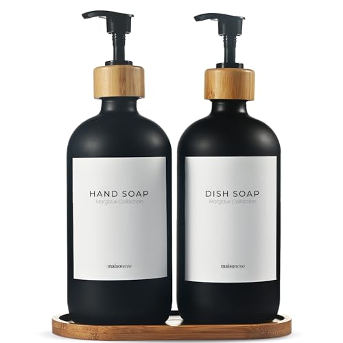 MaisoNovo Glass Dish Soap Dispenser for Kitchen Set of 2-16.9oz Dish and Hand Soap Dispenser Set for Kitchen - Black Glass Bottles x 2 with Black Bamboo Pumps & Tray - color: Black Bottles/Black Bamboo Pumps