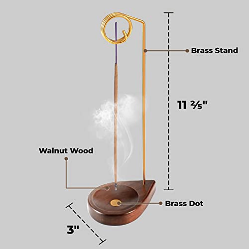Incense Holder for Sticks - 11.4" Tall Reverse Style Incense Burner Holder with Mess Free Ash Catcher Tray - Modern & Minimalist Design Incense Sticks Holder with Brass & Walnut Wood Elements