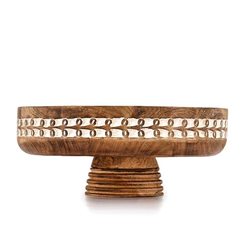 Decorative Wooden Centerpiece Bowl – Mango Wood Pedestal Dough Bowl for Entryway Table, Coffee Table & Home Décor, Large Fruit & Key Bowl (12" X 12" X 4.5")