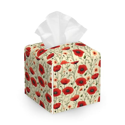 Leather Tissue Box Holder Retro Poppy Flowers Tissue Box Cover Square Waterproof Holder Organizer Modern Napkin Holder for Bedroom Dresser Night Stand Office Desk - color: Retro Poppy Flowers