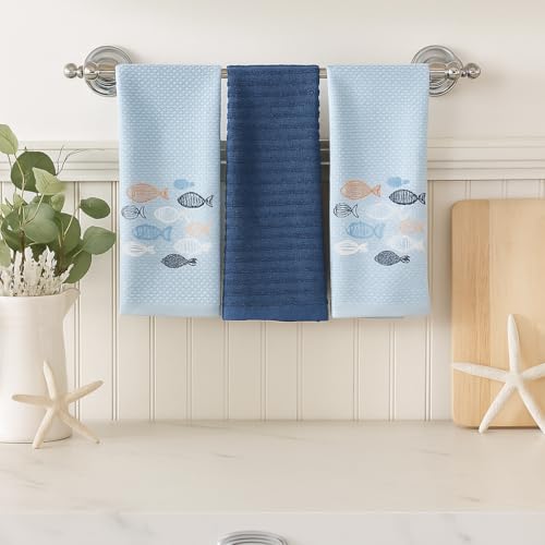 Coastal Kitchen Towels- Set of 3 Blue 100% Cotton Embroidered Whimsical School of Fish Design - 16 x 26 Multipurpose Towels for Everyday Use - color: School of Fish