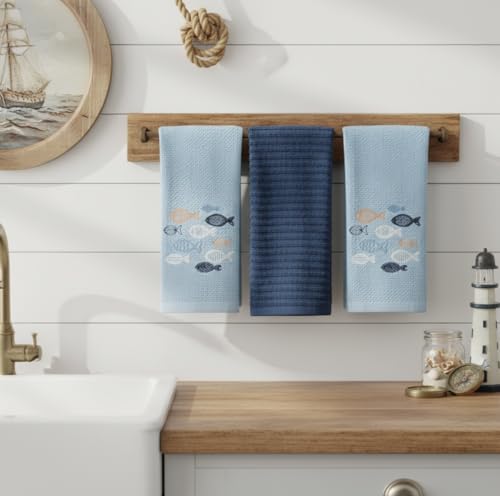 Coastal Kitchen Towels- Set of 3 Blue 100% Cotton Embroidered Whimsical School of Fish Design - 16 x 26 Multipurpose Towels for Everyday Use - color: School of Fish