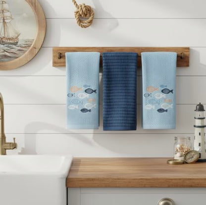 Coastal Kitchen Towels- Set of 3 Blue 100% Cotton Embroidered Whimsical School of Fish Design - 16 x 26 Multipurpose Towels for Everyday Use - color: School of Fish
