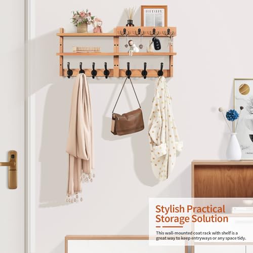 29" Coat Rack Wall Mount with Shelf, Pine Two-Tier Wall Shelf Mounted Coat and Key Hanger with 7 Heavy Duty Hooks 4 Key Hooks, Entryway Key Holder with Mail Holder for Bedroom,Living Room (Wood) - color: Wood Pine