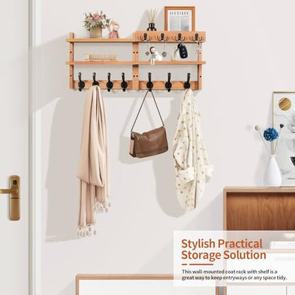 29" Coat Rack Wall Mount with Shelf, Pine Two-Tier Wall Shelf Mounted Coat and Key Hanger with 7 Heavy Duty Hooks 4 Key Hooks, Entryway Key Holder with Mail Holder for Bedroom,Living Room (Wood) - color: Wood Pine