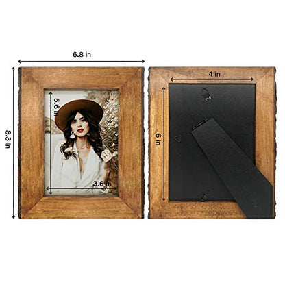 IKEREE 4x6 Rustic Picture Frames with Natural Bark Edges, Brown Wood Photo Frame for Tabletop or Wall Mounting Display - size: 4x6 inch