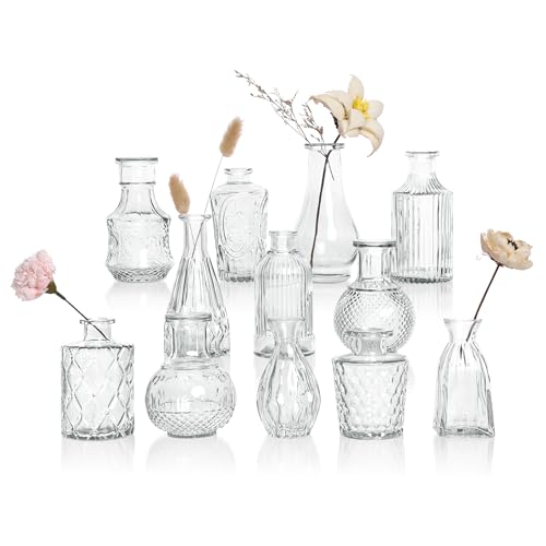 Glass Bud Vases Set of 12, Clear Small Vases for Flowers, Bulk Glass Vase for Centerpieces, Vintage Embossed Flower Vase for Wedding Table Decoration, Home, Cocktail Party - color: Clear, size: Set of 12 Vases