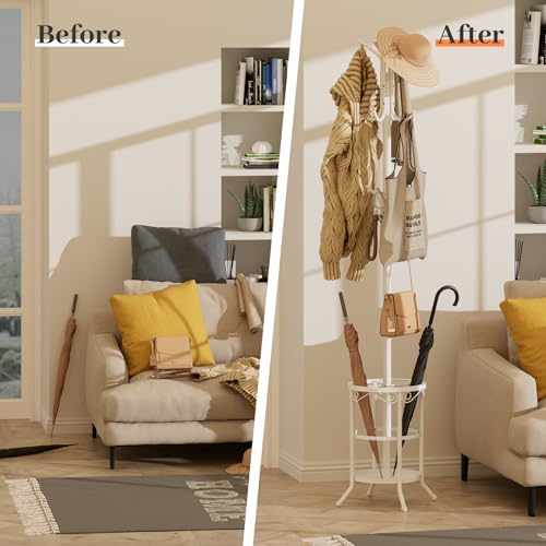 Coat Rack Freestanding with Umbrella Holder – Metal Hanger Stand, Hall Tree with 12 Hooks, Entryway Organizer for Hats, Bags, and Clothes (White) - color: White