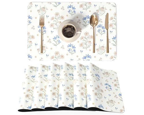 QIYI PU Leather Placemats Set of 6, 12"x18" Waterproof Table Mats, Floral | Faux Leather, Heat Resistant, Anti Slip, Wipeable Place Mats for Kitchen Dinning, Party Table Décor, Minimal Flowers - color: Minimal Flowers, size: Set of 6