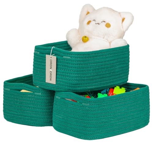 3Pack Small Woven Storage Baskets for Shelves Organizing | Cotton Rope Closet Organizer Bins, Basket for Gifts Empty, Nursery, Living room, Dog Toy Basket 11x7.5x4.5 in, Green - color: Green, size: S