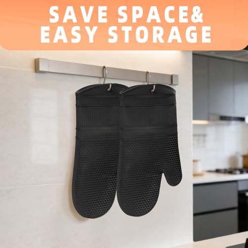 YUTAT Silicone Oven Mitts,Heat Resistant 500F Kitchen Mitts 2PCS,Perfect for BBQ, Baking and Cooking,Black - color: Black-honeycomb Surface, size: 13“L x 7"W-2 Piece